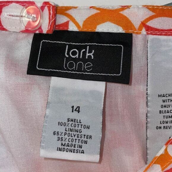 Lark Lane orange, white, & silver geometric print cotton panel twirl skirt 14 - Picture 7 of 8